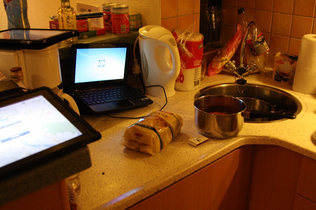 iPads and food in the cottage kitchen